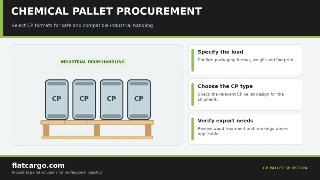 Chemical pallet procurement infographic showing CP pallet formats, industrial drum loads and export packaging checks.