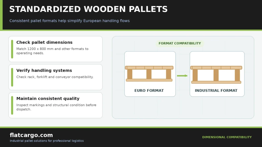 Standardized wooden pallets infographic comparing Euro pallet dimensions, handling compatibility and quality checks.