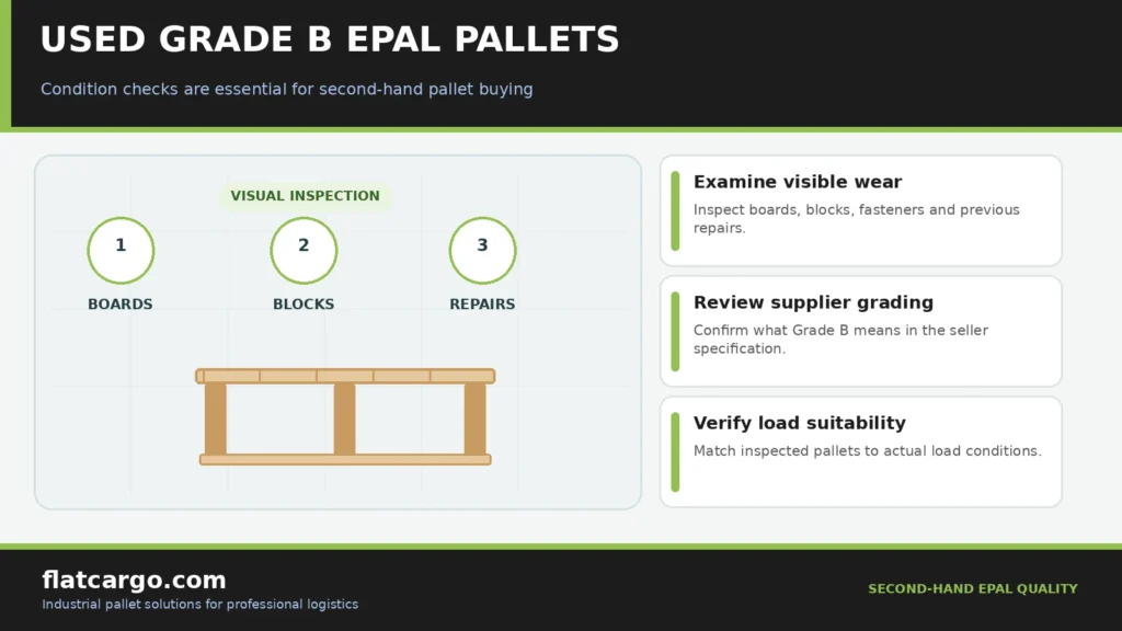 Used Grade B EPAL pallets infographic showing second-hand pallet wear inspection, supplier grading and load suitability.
