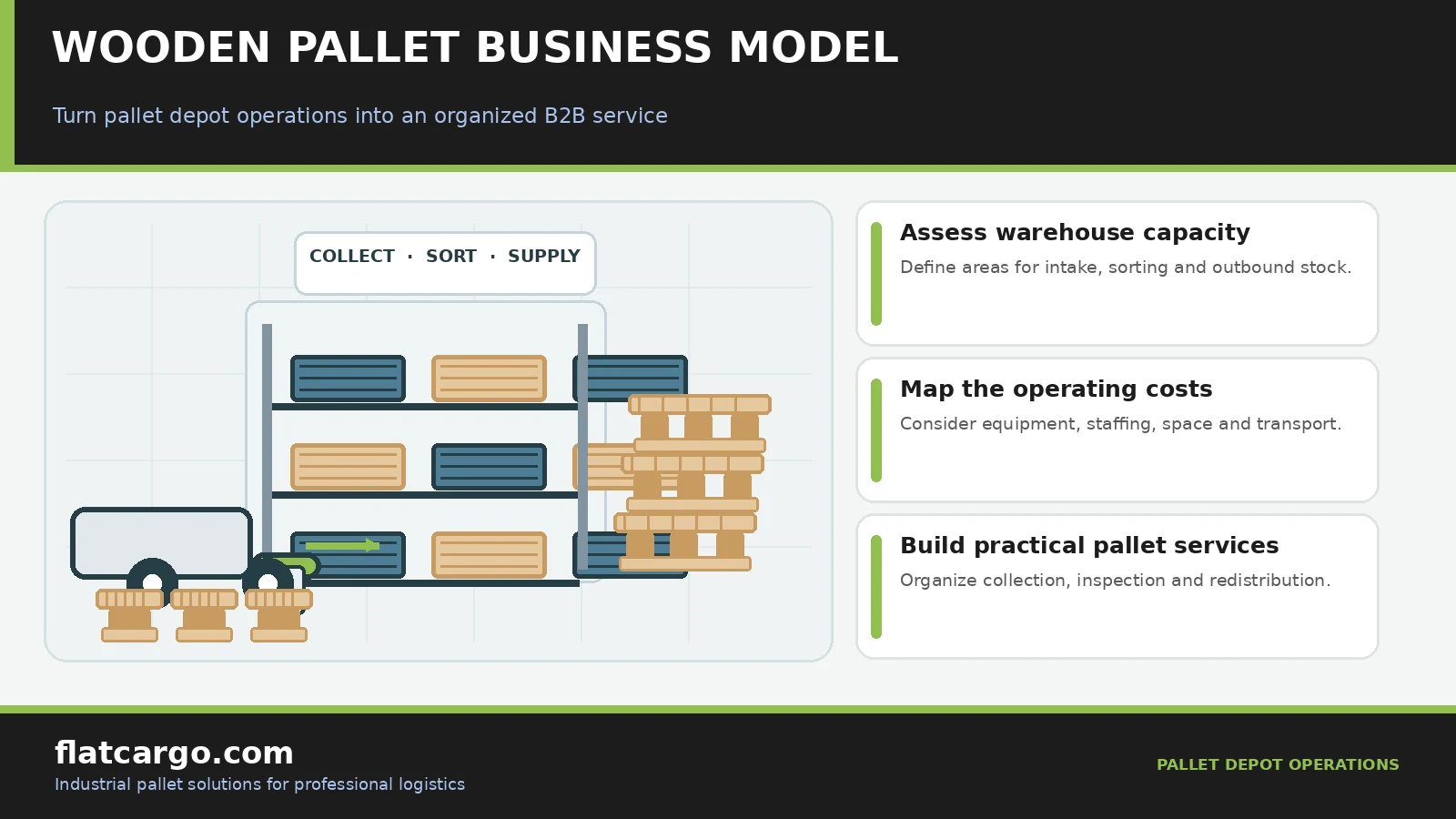 Wooden pallet business model infographic showing logistics hub operations, pallet sorting and depot cost planning.