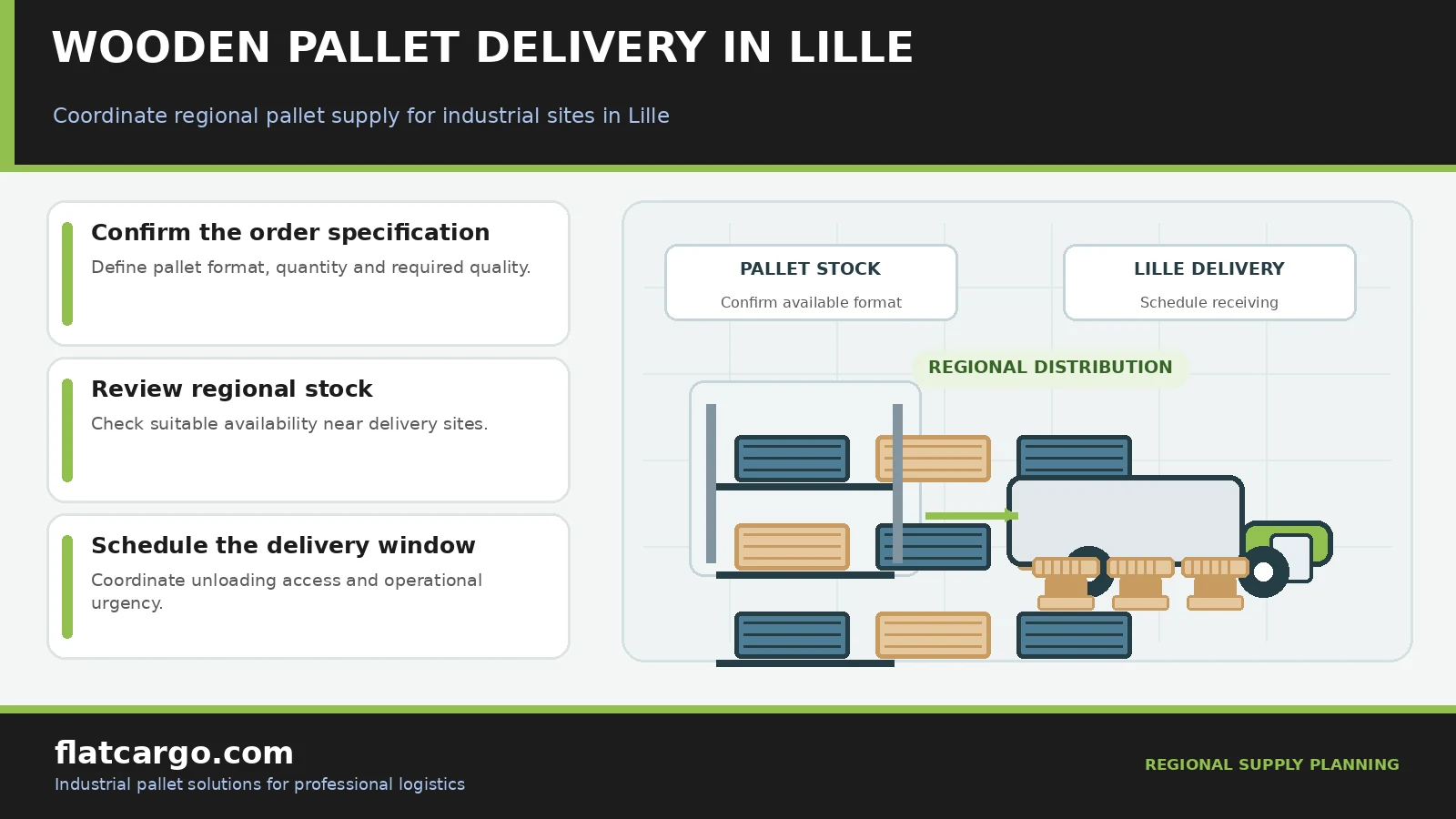 Wooden pallet delivery in Lille infographic showing regional inventory checks and scheduled industrial pallet deliveries.
