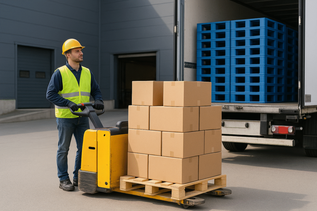 Responsable logistique contrôlant des palettes destinées aux entreprises de Dijon