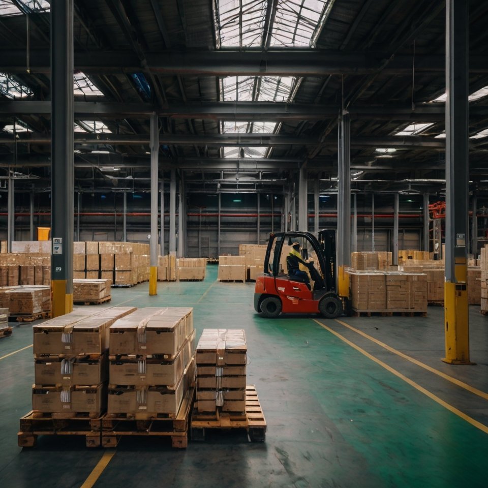 Entrepôt logistique moderne à Saint-Étienne équipé de palettes FlatCargo durables et recyclables