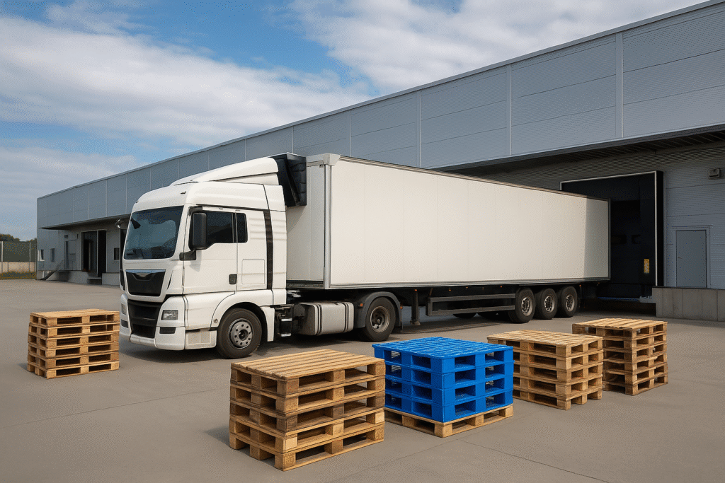 Camion neutre devant un quai de chargement avec palettes prêtes pour l’expédition