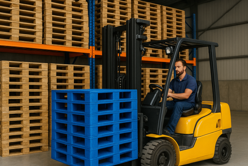Chariot élévateur manipulant des palettes dans un entrepôt logistique à Angers