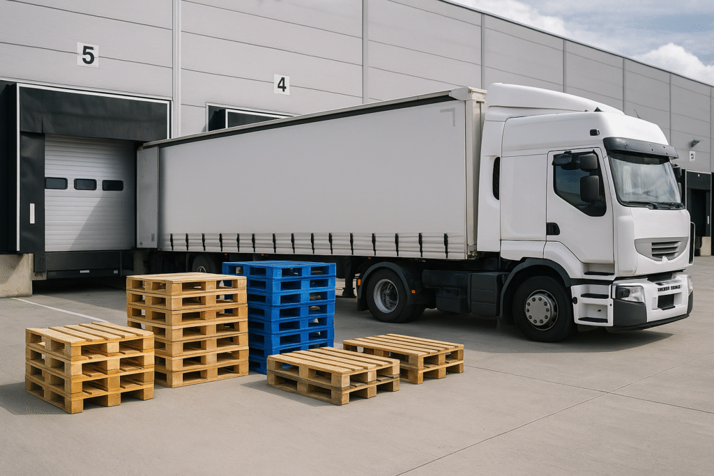 Palettes en bois et palettes plastiques bleues dans un entrepôt moderne près de Grenoble